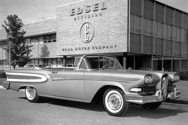1958 Edsel at plant facade